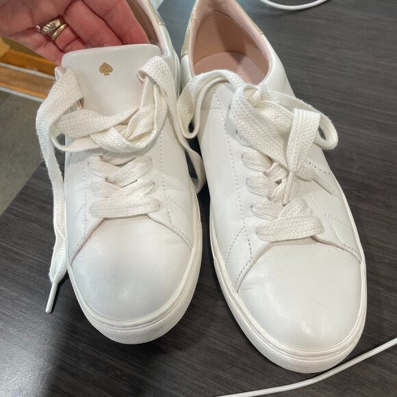 Kate Spade Size 9 • White Leather Gold Accent Spade Perforated Sneakers - Picture 1 of 10